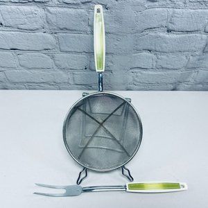 Vintage Ekco USA Metal Mesh Strainer and Serving Fork Green Handle